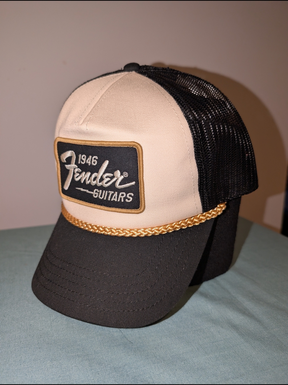Fender Guitars 1946 Two-Tone Black and Cream Trucker Hat with Gold Rope